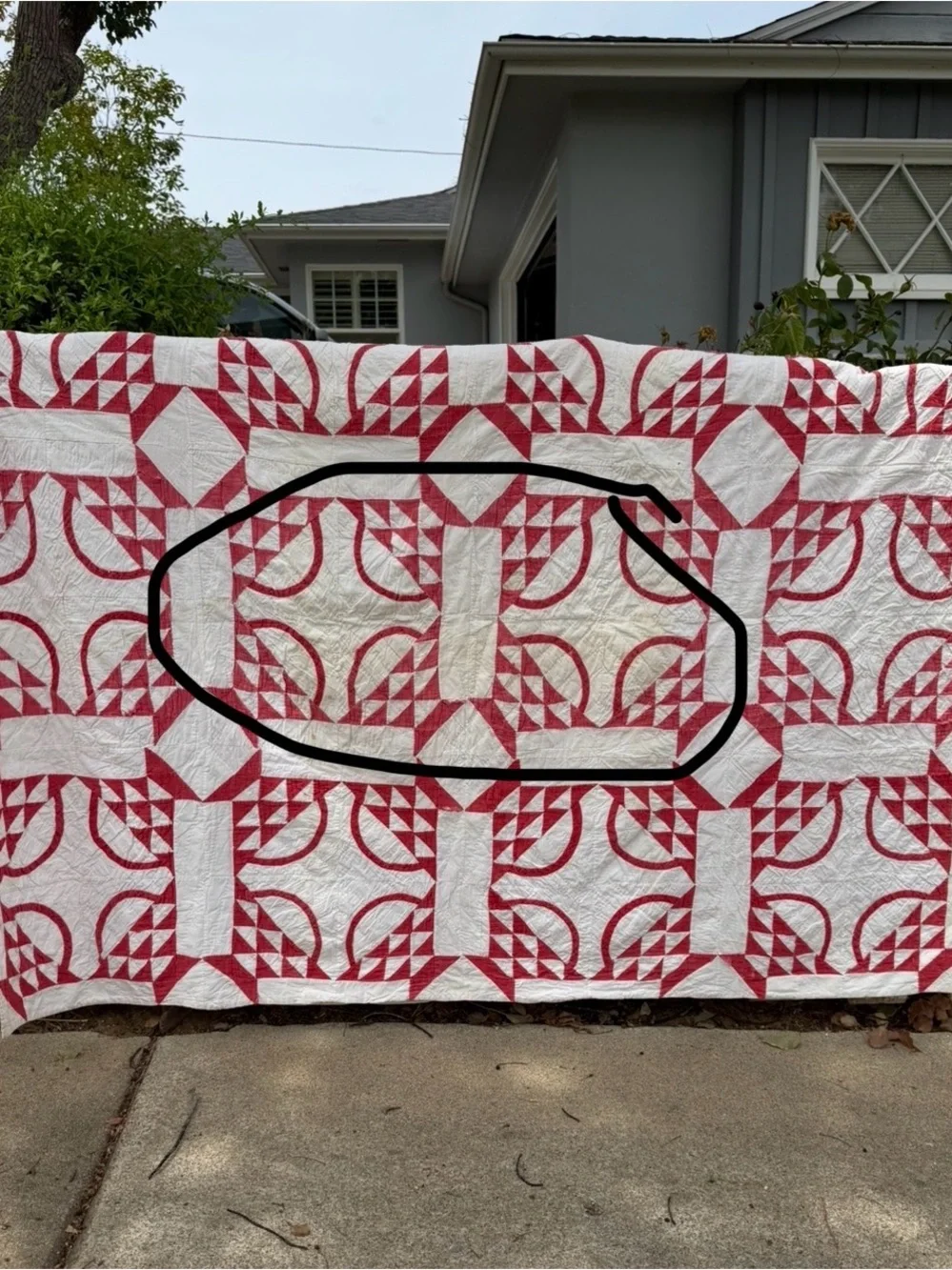 Vintage Pickle Dish Quilt Hand Stitched Red White Gauzy Cotton Thin 57x89 READ